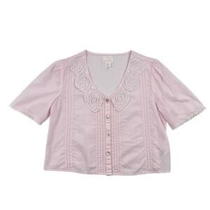 Shabby Chic Soft Pink Cotton Eyelet Lace Collar Blouse S Cottagecore Romantic